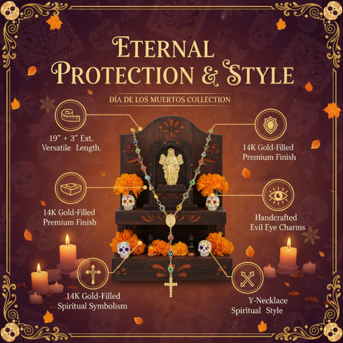 An ornate rosary necklace with a cross graces a Día de los Muertos altar, surrounded by candles, flowers, and gold-accented features.